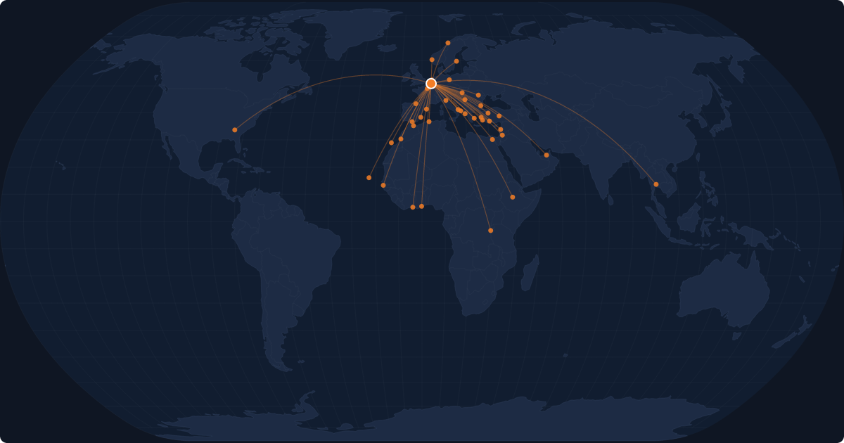 Nonstop route network at Brussels (BRU)