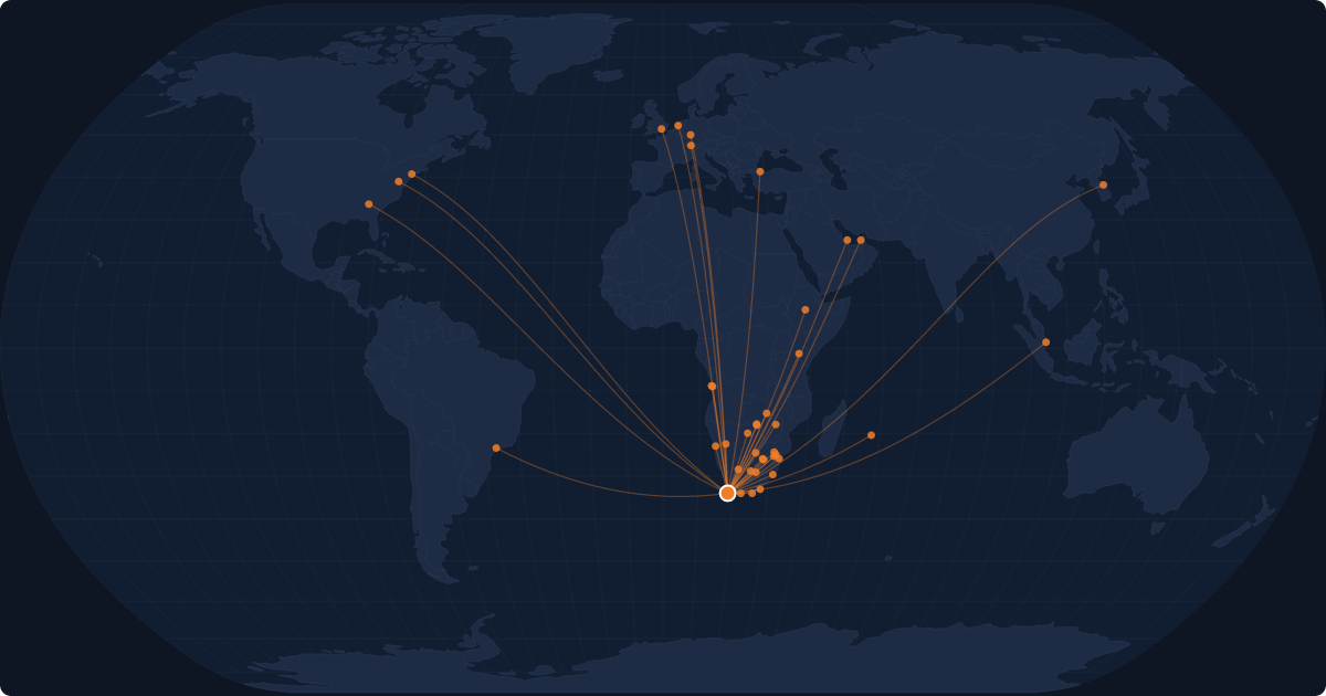 Nonstop route network at Cape Town (CPT)