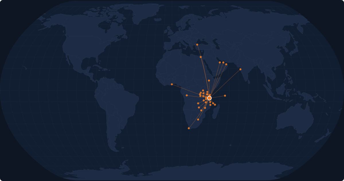 Nonstop route network at Dar es Salaam (DAR)