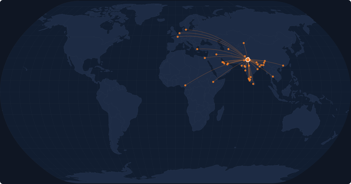 Nonstop route network at New Delhi (DEL)