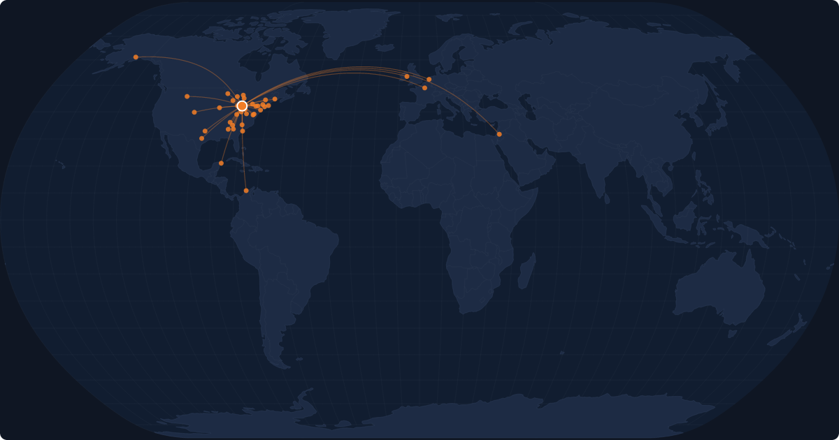 Nonstop route network at Detroit (DTW)