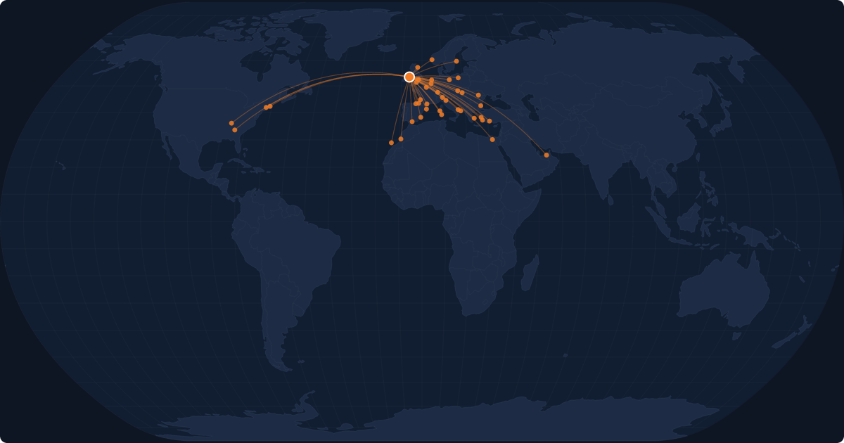 Nonstop route network at Dublin (DUB)