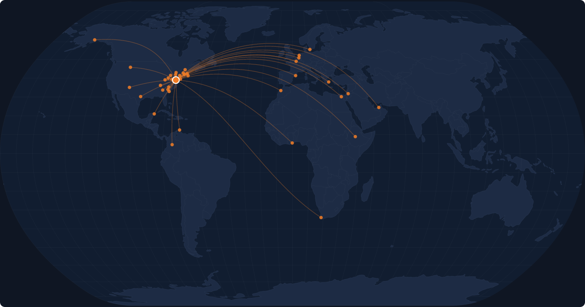 Nonstop route network at Washington (IAD)