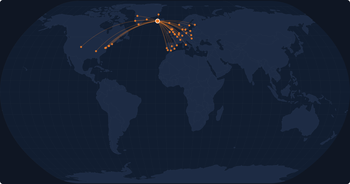Nonstop route network at Reykjavík (KEF)
