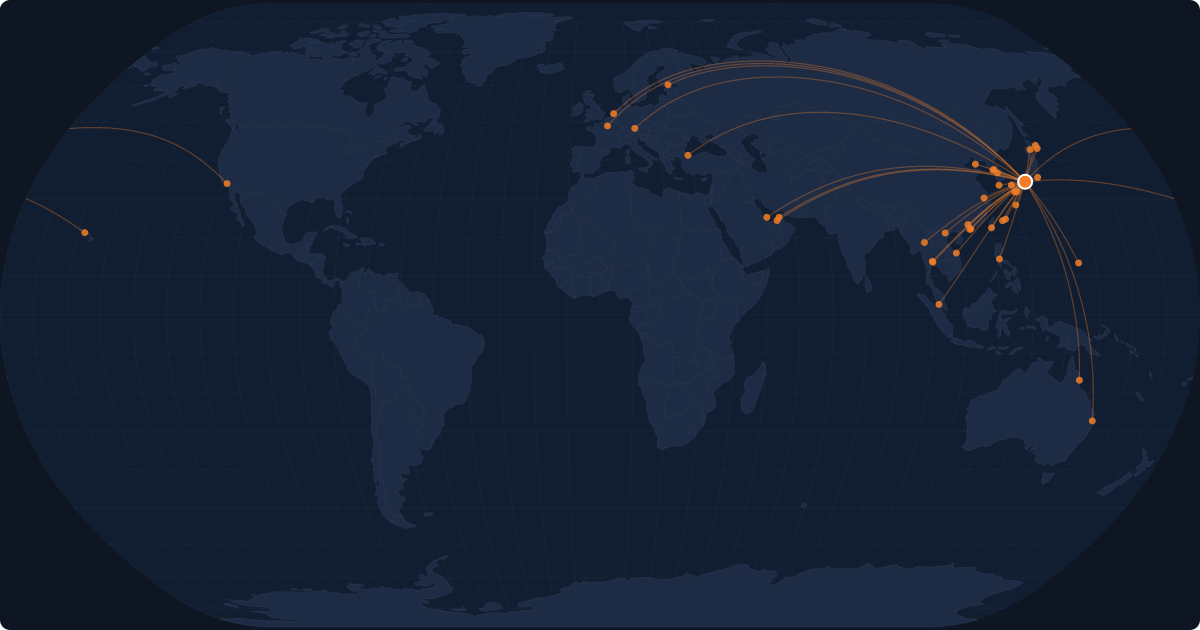 Nonstop route network at Osaka (KIX)