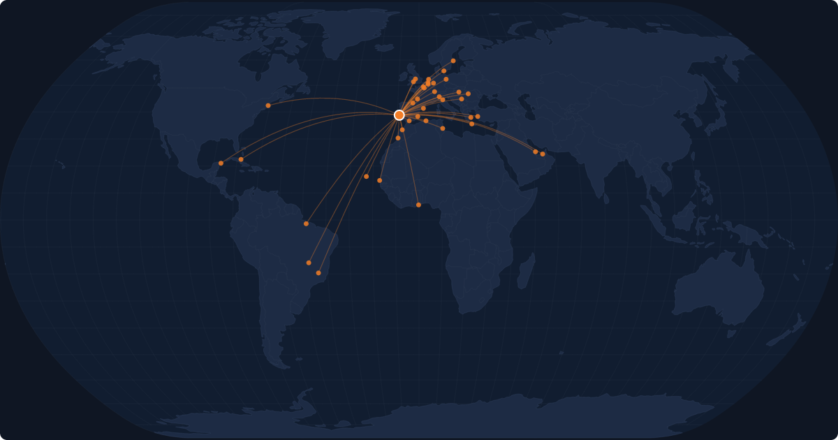 Nonstop route network at Lisbon (LIS)