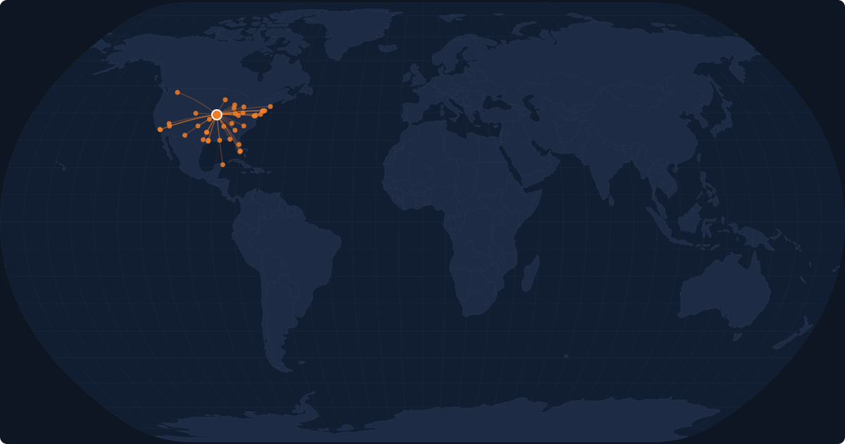 Nonstop route network at Kansas City (MCI)