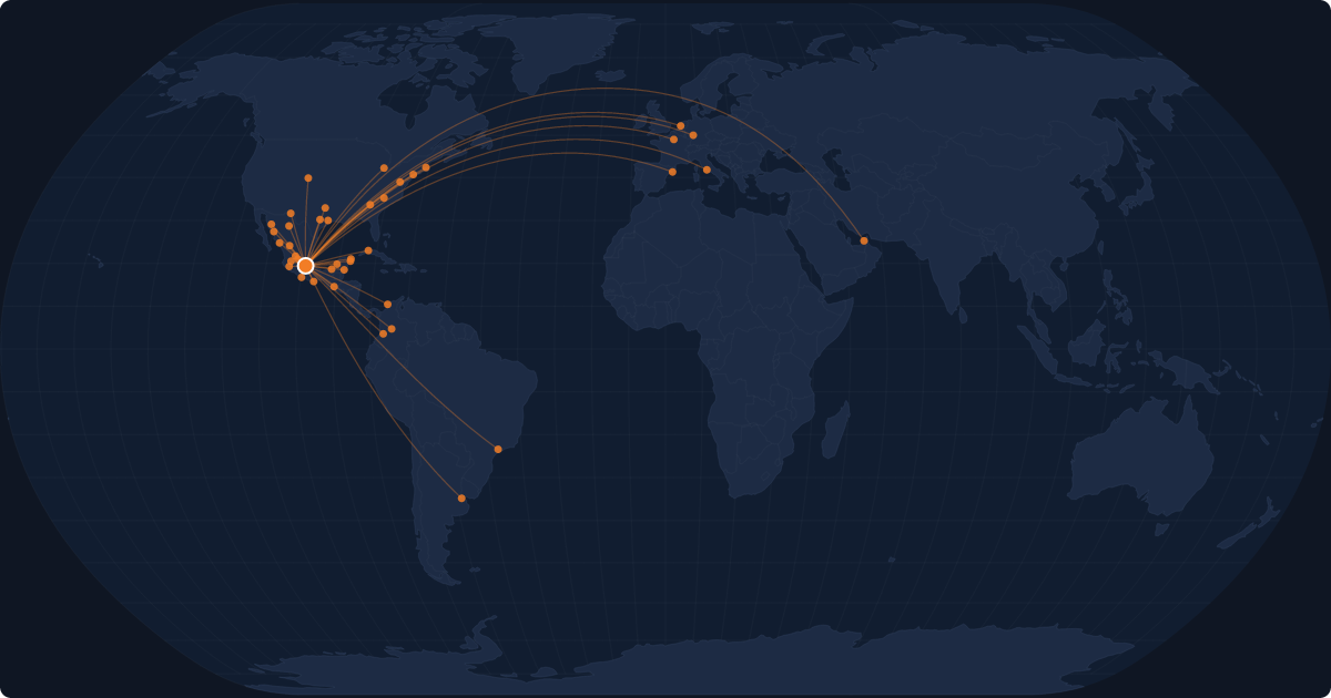 Nonstop route network at Mexico City (MEX)