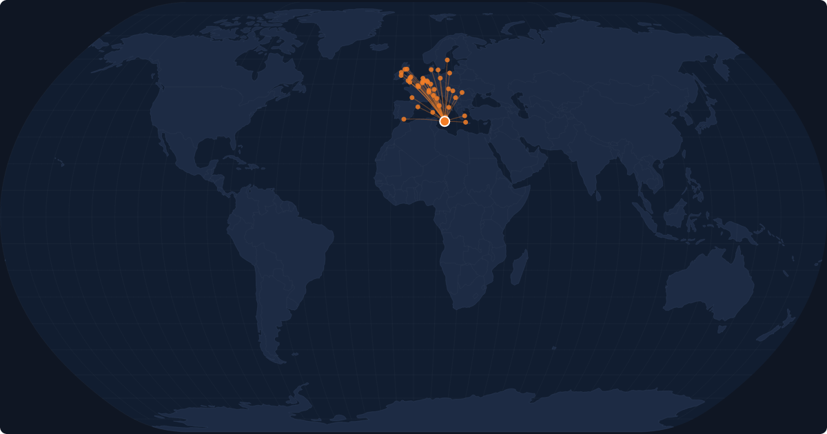 Nonstop route network at Valletta (MLA)