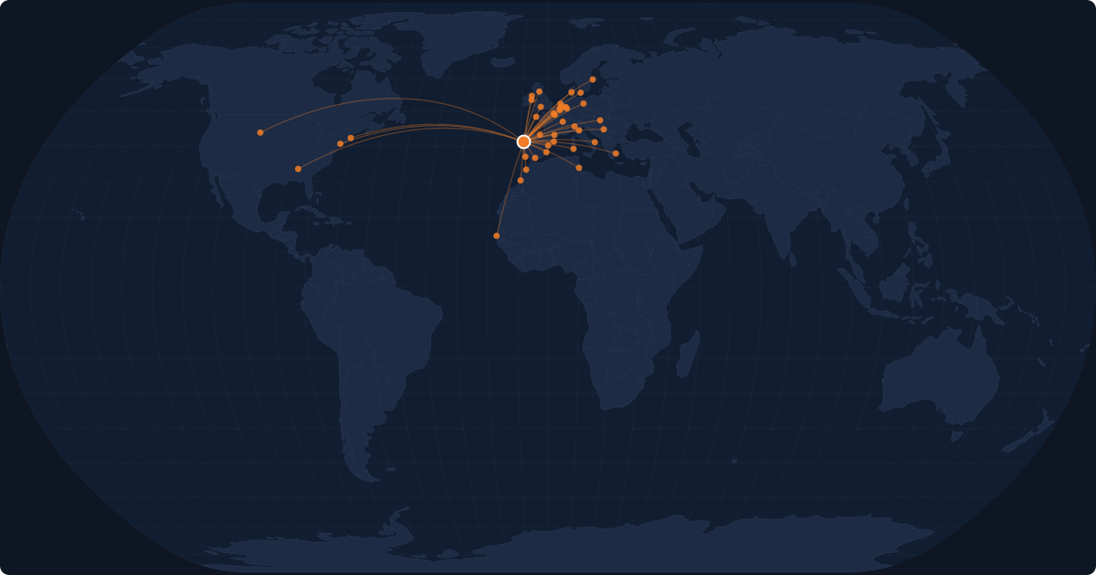 Nonstop route network at Porto (OPO)