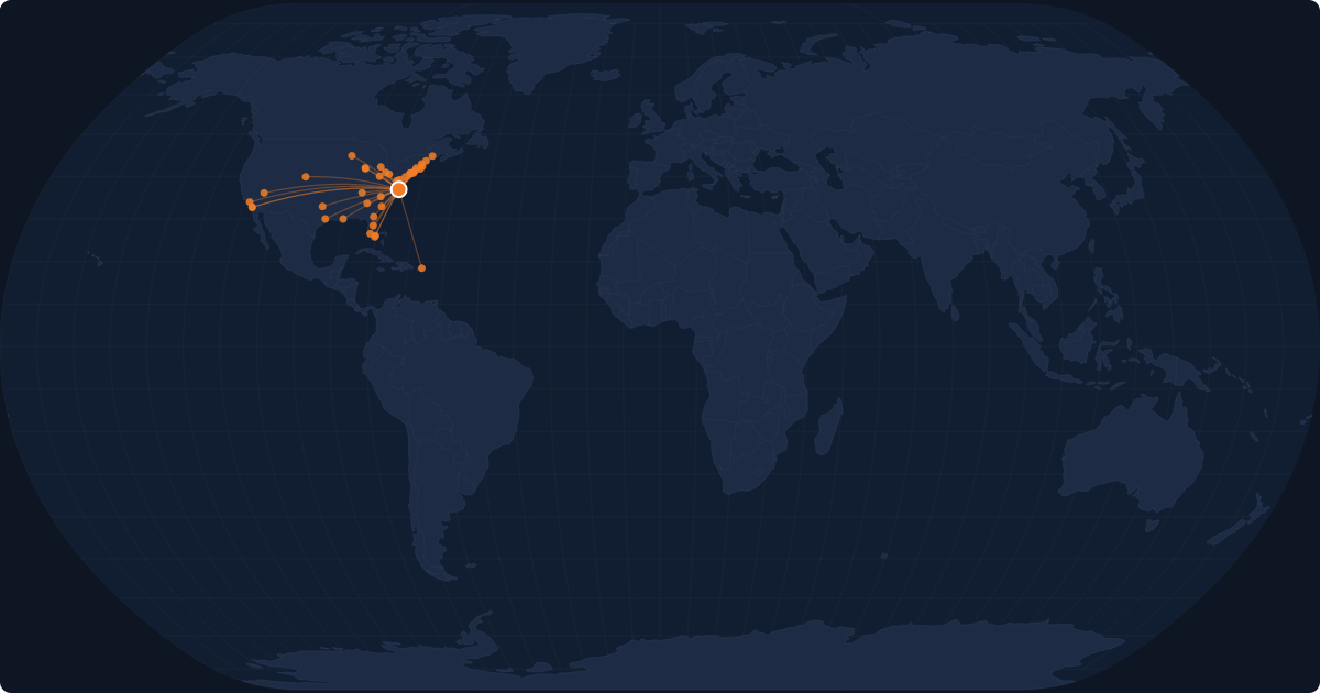 Nonstop route network at Norfolk (ORF)