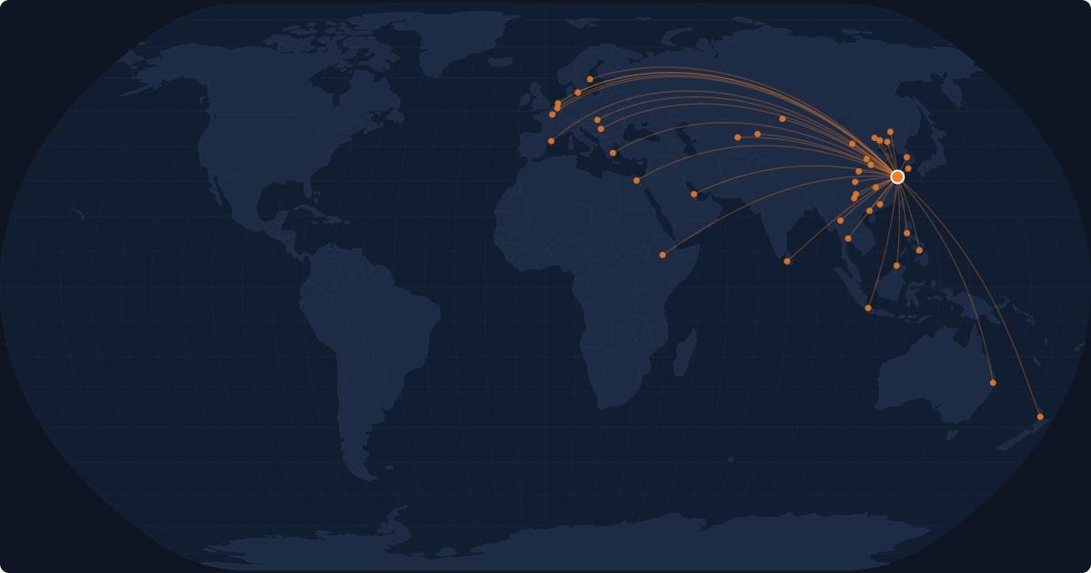 Nonstop route network at Shanghai (PVG)