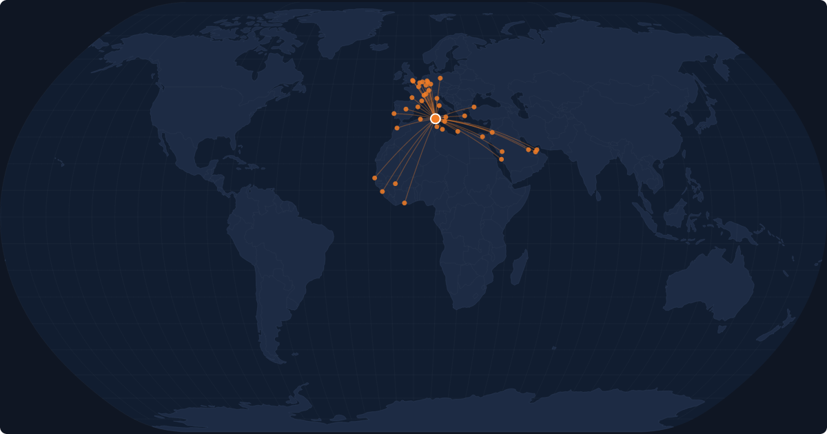 Nonstop route network at Tunis (TUN)