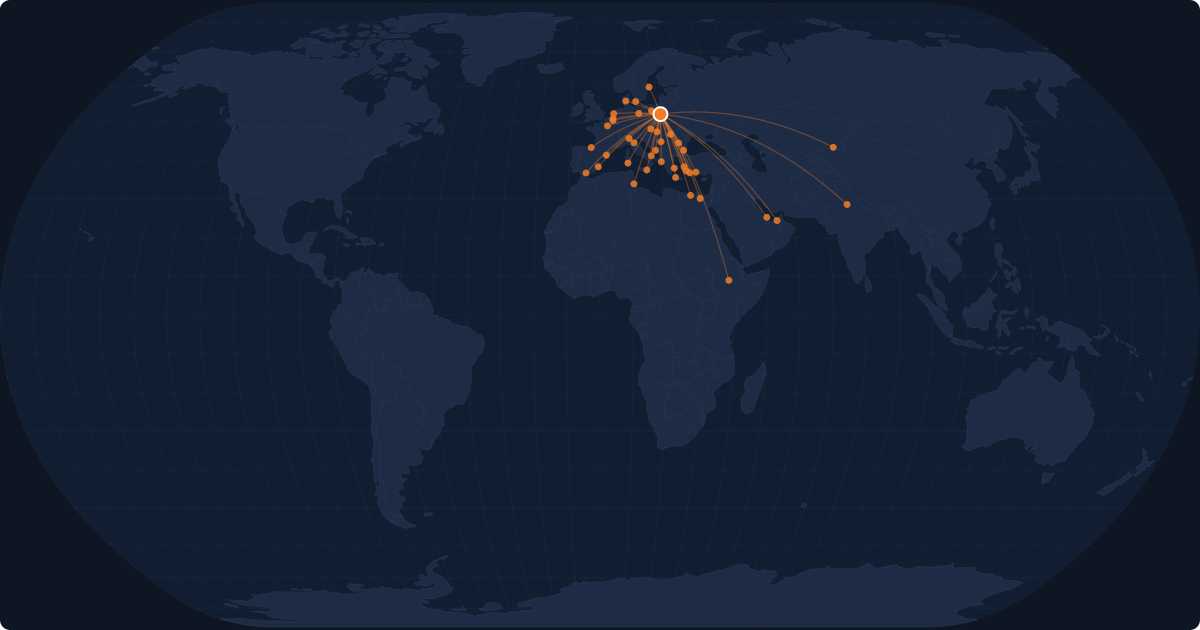 Nonstop route network at Warsaw (WAW)